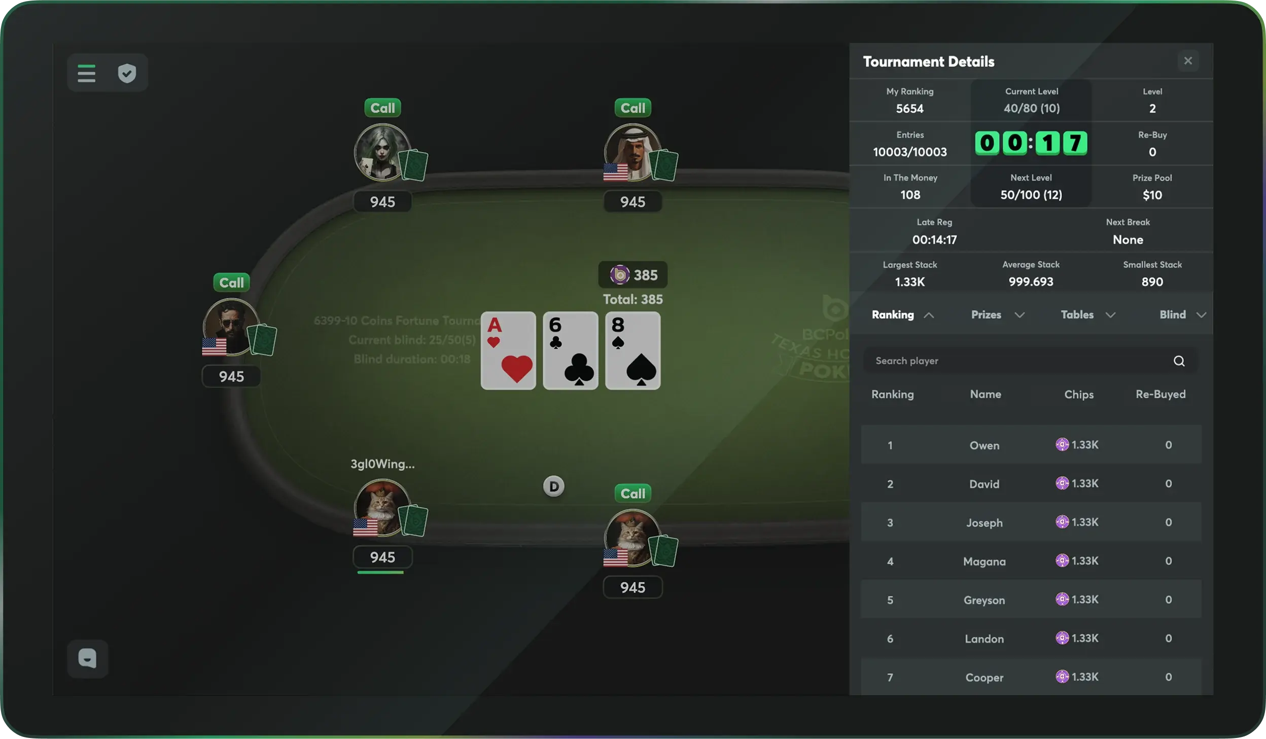 BCPoker tournament table Brazil online poker interface player ranking tournament details green poker platform Brazil